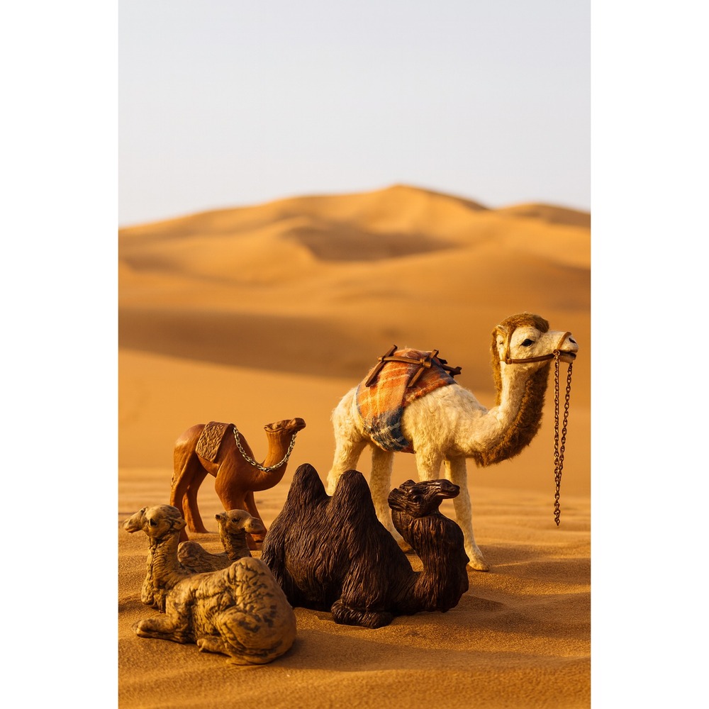 Vintage Fur Camel Figurine with Blanket & Brass Chain – Handcrafted Animal Decor